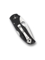 Spyderco Native 5 folding knife with thumb hole - shown closed pocket clip side.  Satin S30V stainless steel serrated edge blade.  Black FRN handle.  Model C41SBK5.