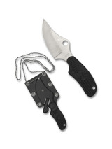 Spyderco ARK "Always Ready Knife" fixed blade knife - shown out of sheath obverse and in sheath obverse. Satin H-2 stainless steel plain edge blade. Black FRN handle. Model FB35PBK.
Spyderco ARK "Always Ready Knife" fixed blade knife - shown out of sheath obverse and in sheath obverse. Satin H-2 stainless steel plain edge blade. Black FRN handle. Model FB35PBK.