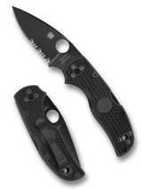 Spyderco Native 5 folding knife with thumb hole - shown open presentation side and closed pocket clip side.  Black S30V stainless steel combo edge blade.  Black FRN handle.  Model C41PSBBK5.
