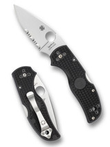 Spyderco Native 5 folding knife with thumb hole - shown open presentation side and closed pocket clip side.  Satin S30V stainless steel combo edge blade.  Black FRN handle.  Model C41PSBK5.