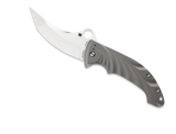 Spyderco Tighe Stick folding knife with thumb hole - shown open presentation side..  Satin S90V stainless steel plain edge blade. Titanium handle.  Model C198TIP.
For reference only.