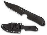Spyderco Street Beat fixed blade knife - shown out of sheath reverse and in sheath reverse.  Black VG-10 stainless steel plain edge blade.  Black FRN handle.  Model FB15PBBK.