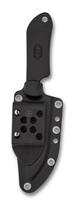 Spyderco Street Beat fixed blade knife - shown in sheath reverse.  Black VG-10 stainless steel plain edge blade.  Black FRN handle.  Model FB15PBBK.
