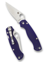 Spyderco Paramilitary 2 folding knife with thumb hole - shown open presentation side and closed pocket clip side.  Satin S110V stainless steel plain edge blade.  Dark Blue G-10 handle.  Model C81GPDBL2.