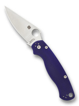 Spyderco Paramilitary 2 folding knife with thumb hole - shown open presentation side.  Satin S110V stainless steel plain edge blade.  Dark Blue G-10 handle.  Model C81GPDBL2.
