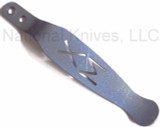 Rick Hinderer Knives XM Pocket Clip - obverse.  Battle Blue titanium construction.  Model K0020001TD-BTLBL.
For reference only.