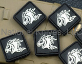 Rick Hinderer Knives Ranger Eye Horse Head Logo Patch - obverse (multiple patches).  Black and glow in the dark.  Model A00100RE00.
For reference only.