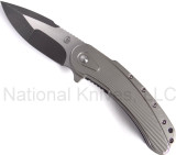 Todd Begg Knives Bodega 2.0 folding knife with flipper tab - shown open presentation side.  2-tone N690 stainless steel plain edge blade.  Gray titanium handle.
For reference only.