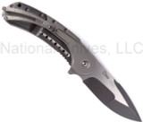 Todd Begg Knives Bodega 2.0 folding knife with flipper tab - shown open pocket clip side.  2-tone N690 stainless steel plain edge blade.  Gray titanium handle.
For reference only.