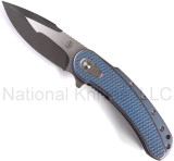 Todd Begg Knives Bodega 2.0 folding knife with flipper tab - shown open presentation side.  2-tone N690 stainless steel plain edge blade.  Blue titanium handle.
For reference only.