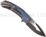 Todd Begg Knives Bodega 2.0 folding knife with flipper tab - shown open pocket clip side.  2-tone N690 stainless steel plain edge blade.  Blue titanium handle.
For reference only.