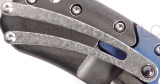 Todd Begg Knives Bodega 2.0 folding knife with flipper tab - shown close up of pocket clip.  2-tone N690 stainless steel plain edge blade.  Blue titanium handle.
For reference only.