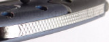 Todd Begg Knives Bodega 2.0 folding knife with flipper tab - shown close up of back spacer.  2-tone N690 stainless steel plain edge blade.  Blue titanium handle.
For reference only.