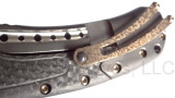 Todd Begg Knives Bodega Field Grade folding knife with flipper tab - shown close up of pocket clip.  2-tone N690 stainless steel plain edge blade.  Carbon fiber handle.
For reference only.