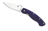 Spyderco Military folding knife with thumb hole - shown open presentation side.  Satin S110V stainless steel plain edge blade.  Dark Blue G-10 handle.  Model C36GPDBL.