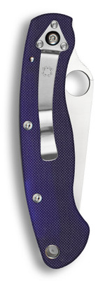 Spyderco Military folding knife with thumb hole - shown closed pocket clip side.  Satin S110V stainless steel plain edge blade.  Dark Blue G-10 handle.  Model C36GPDBL.