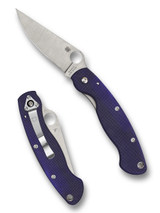 Spyderco Military folding knife with thumb hole - shown open presentation side and closed pocket clip side.  Satin S110V stainless steel plain edge blade.  Dark Blue G-10 handle.  Model C36GPDBL.