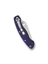 Spyderco Military folding knife with thumb hole - shown closed pocket clip side.  Satin S110V stainless steel plain edge blade.  Dark Blue G-10 handle.  Model C36GPDBL.