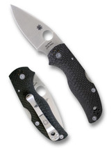 Spyderco Native 5 folding knife with thumb hole - shown open presentation side and closed pocket clip side.  Satin S90V stainless steel plain edge blade.  Black fluted carbon fiber handle.  Model C41CFFP5.