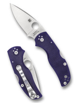 Spyderco Native 5 folding knife with thumb hole - shown open presentation side and closed pocket clip side.  Satin S110V stainless steel plain edge blade.  Dark Blue G-10 handle.  Model C41GPDBL5.
