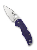 Spyderco Native 5 folding knife with thumb hole - shown open presentation side.  Satin S110V stainless steel plain edge blade.  Dark Blue G-10 handle.  Model C41GPDBL5.
