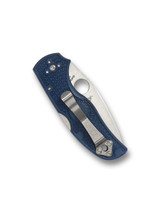 Spyderco Native 5 folding knife with thumb hole - shown closed pocket clip side.  Satin S110V stainless steel plain edge blade.  Dark Blue FRN handle.  Model C41PDBL5.