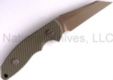Rick Hinderer Knives FXM Wharncliffe fixed blade knife - shown out of sheath obverse.  FDE DLC S35VN stainless steel plain edge blade.  OD green G-10 handle.  Model K60120NBWH.
