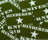Rick Hinderer Knives Rectangle Sticker with star - Multiple sticker shown - obverse.  Green and white.  Model A002000000-RCT-GW.
For reference only.