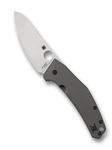 Spyderco SpydieChef folding knife with thumb hole - shown open presentation side.  Satin LC200N stainless steel plain edge blade.  Titanium handle.  Model C211TIP.