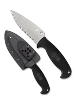 Spyderco Jumpmaster 2 fixed blade knife - shown out of sheath reverse and in sheath reverse.  Satin H-2 stainless steel serrated edge blade.  Black FRN handle.  Model FB24SBK2.