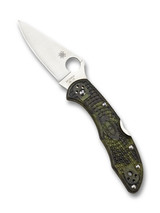 Spyderco Delica 4 folding knife with thumb hole - shown open presentation side.  Satin VG-10 stainless steel plain edge blade.  Zome green FRN handle.  Model C11ZFPGR.
