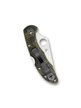 Spyderco Delica 4 folding knife with thumb hole - shown closed pocket clip side.  Satin VG-10 stainless steel plain edge blade.  Zome green FRN handle.  Model C11ZFPGR.