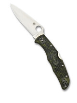 Spyderco Endura 4 folding knife with thumb hole - shown open presentation side.  Satin VG-10 stainless steel plain edge blade.  Zome green FRN handle.  Model C10ZFPGR.