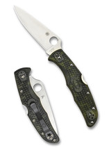 Spyderco Endura 4 folding knife with thumb hole - shown open presentation side and closed pocket clip side. Satin VG-10 stainless steel plain edge blade. Zome green FRN handle. Model C10ZFPGR. Spyderco Endura 4 folding knife with thumb hole - shown open presentation side and closed pocket clip side. Satin VG-10 stainless steel plain edge blade. Zome green FRN handle. Model C10ZFPGR.