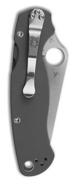 Spyderco Paramilitary 2 Sprint Run folding knife with thumb hole - shown closed pocket clip side.  Cru-Wear steel plain edge blade.  Gray G-10 handle.  Model C81GPGY.
For reference only.