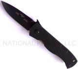 Emerson Knives CQC-7AW BT folding knife with thumb disk and Emerson Wave opener - shown open presentation side.  Black 154CM stainless steel plain edge blade.  Black G-10 handle.  Model CQC-7AW-BT.
For reference only.