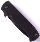 Emerson Knives CQC-7AW BT folding knife with thumb disk and Emerson Wave opener - shown closed presentation side.  Black 154CM stainless steel plain edge blade.  Black G-10 handle.  Model CQC-7AW-BT.
For reference only.