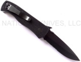 Emerson Knives CQC-7AW BTS folding knife with thumb disk and Emerson Wave opener - shown open pocket clip side.  Black 154CM stainless steel combo edge blade.  Black G-10 handle.  Model CQC-7AW-BTS.
For reference only.