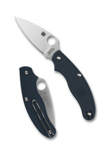 Spyderco UKPK Leaf folding knife with thumb hole - shown open presentation side and closed pocket clip side.  Satin S110V stainless steel plain edge blade. Dark Blue FRN handle.  Model C94PDBL.