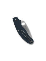 Spyderco UKPK Leaf folding knife with thumb hole - shown closed pocket clip side.  Satin S110V stainless steel plain edge blade. Dark Blue FRN handle.  Model C94PDBL.