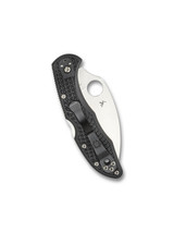 Spyderco Delica 4 folding knife with thumb hole - shown closed pocket clip side.  Satin VG-10 stainless steel, wharncliffe style, plain edge blade.  Black FRN handle.  Model C11FPWCBK.