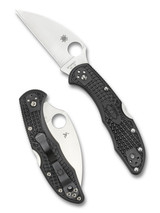 Spyderco Delica 4 folding knife with thumb hole - shown open presentation side and closed pocket clip side.  Satin VG-10 stainless steel, wharncliffe style, plain edge blade.  Black FRN handle.  Model C11FPWCBK.
 Spyderco Delica 4 folding knife with thumb hole - shown open presentation side and closed pocket clip side.  Satin VG-10 stainless steel, wharncliffe style, plain edge blade.  Black FRN handle.  Model C11FPWCBK.