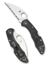 Spyderco Delica 4 folding knife with thumb hole - shown open presentation side and closed pocket clip side.  Satin VG-10 stainless steel, wharncliffe style, serrated edge blade.  Black FRN handle.  Model C11FSWCBK.
 Spyderco Delica 4 folding knife with thumb hole - shown open presentation side and closed pocket clip side.  Satin VG-10 stainless steel, wharncliffe style, serrated edge blade.  Black FRN handle.  Model C11FSWCBK.