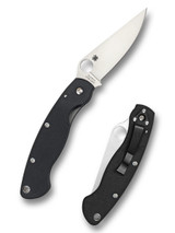 Spyderco Military Left Hand folding knife with thumb hole - shown open presentation side and closed pocket clip side.  Satin S30V stainless steel plain edge blade.  Black G-10 handle.  Model C36GPLE.