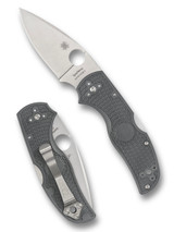 Spyderco Native 5 folding knife with thumb hole - shown open presentation side and closed pocket clip side.  Satin Maxamet steel plain edge blade.  Gray FRN handle.  Model C41PGY5.