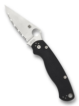Spyderco Paramilitary 2 folding knife with thumb hole - shown open presentation side.  Satin S45VN stainless steel serrated edge blade.  Black G-10 handle.  Model C81GS2.
