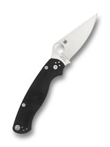 Spyderco Paramilitary 2 Left Hand folding knife with thumb hole - shown open presentation side.  Satin S30V stainless steel plain edge blade.  Black G-10 handle.  Model C81GPLE2.