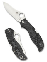 Spyderco Stretch 2 folding knife with thumb hole - shown open presentation side and closed pocket clip side.  Satin VG-10 stainless steel plain edge blade.  Black FRN handle.  Model C90PBK2.