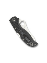 Spyderco Stretch 2 folding knife with thumb hole - shown closed pocket clip side.  Satin VG-10 stainless steel plain edge blade.  Black FRN handle.  Model C90PBK2.