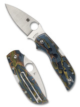 Spyderco Chaparral folding knife with thumb hole - shown open presentation side and closed pocket clip side.  Satin CTS-XHP stainless steel plain edge blade. Raffir Nobel handle.  Model C152RNP.